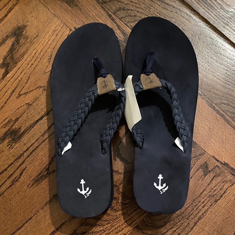 J. Crew Navy Wedge Flip Flops with Anchor Detail